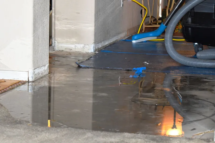 Standing water on a flooded floor beside a wall