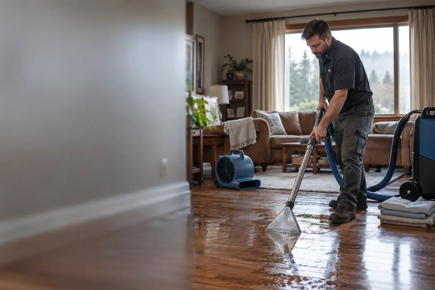 Technician extracting water from a hardwood floor in a Portland home